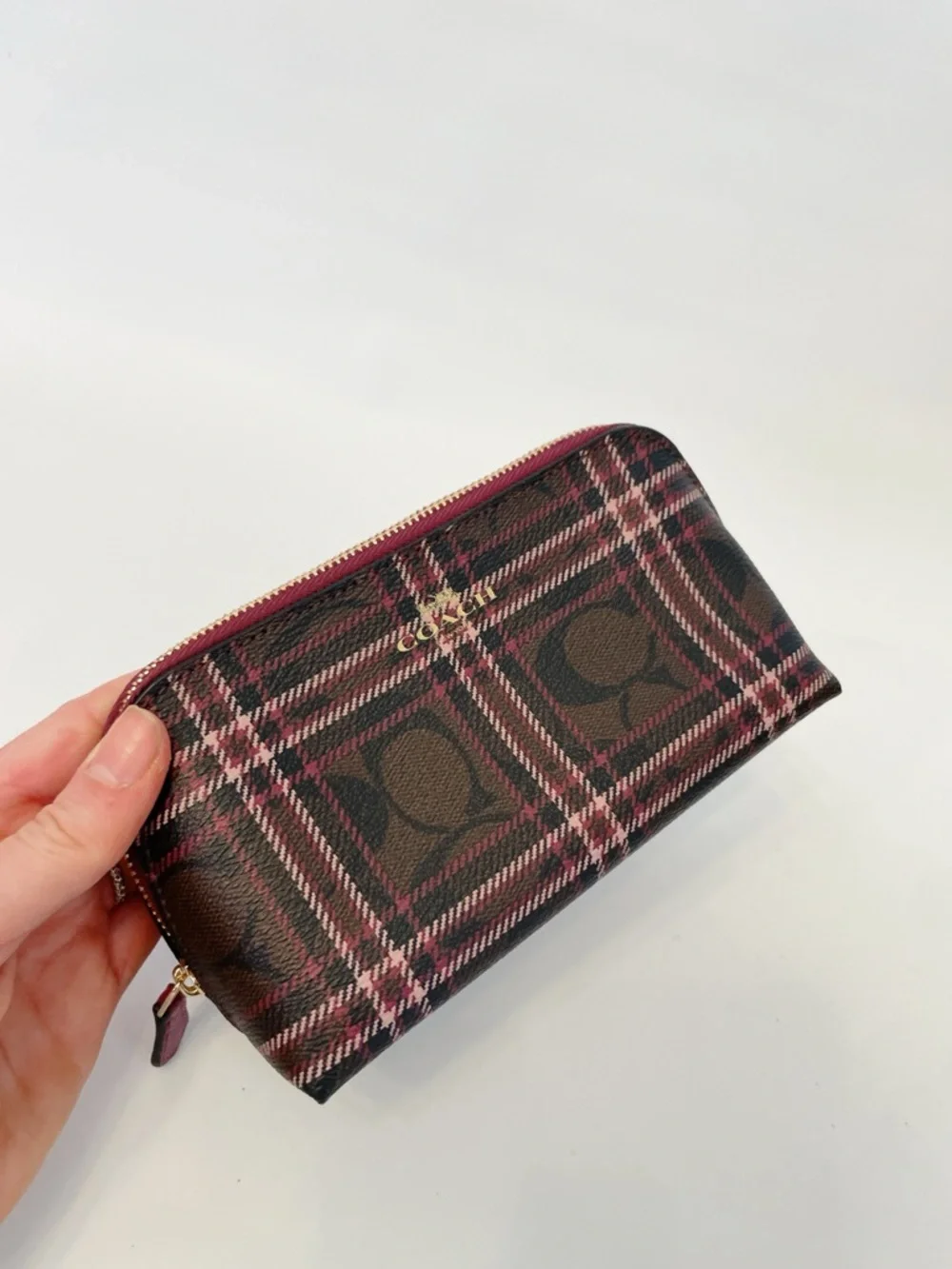 Coach Plaid Signature Cosmetic Bag Makeup Case Brown Pink NWOT - Picture 3 of 9